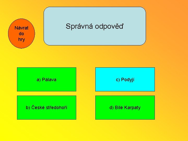 Správná odpověď Návrat do hry a) Pálava c) Podyjí b) České středohoří d) Bílé