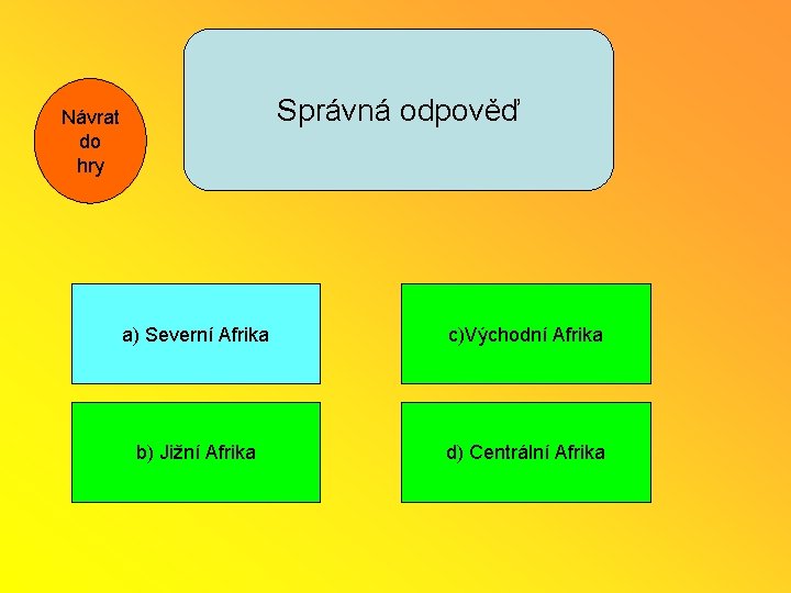 Správná odpověď Návrat do hry a) Severní Afrika c)Východní Afrika b) Jižní Afrika d)