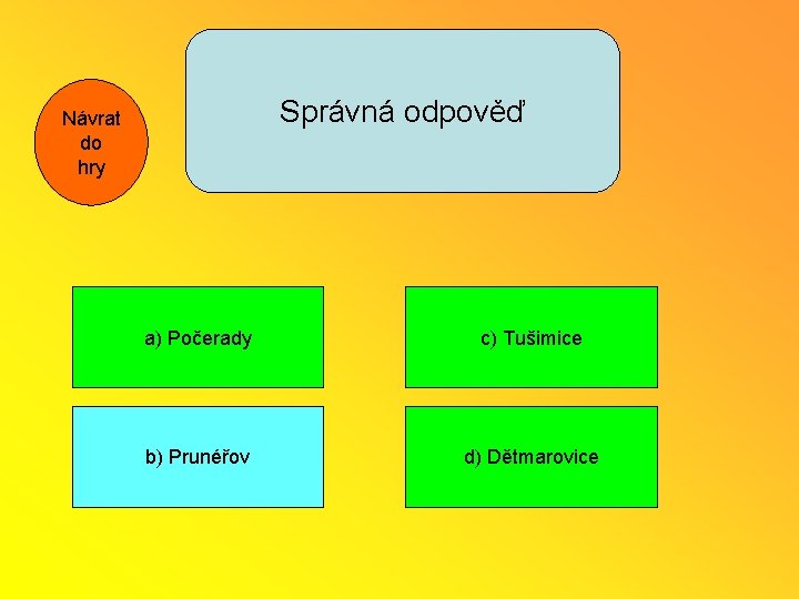 Správná odpověď Návrat do hry a) Počerady c) Tušimice b) Prunéřov d) Dětmarovice 