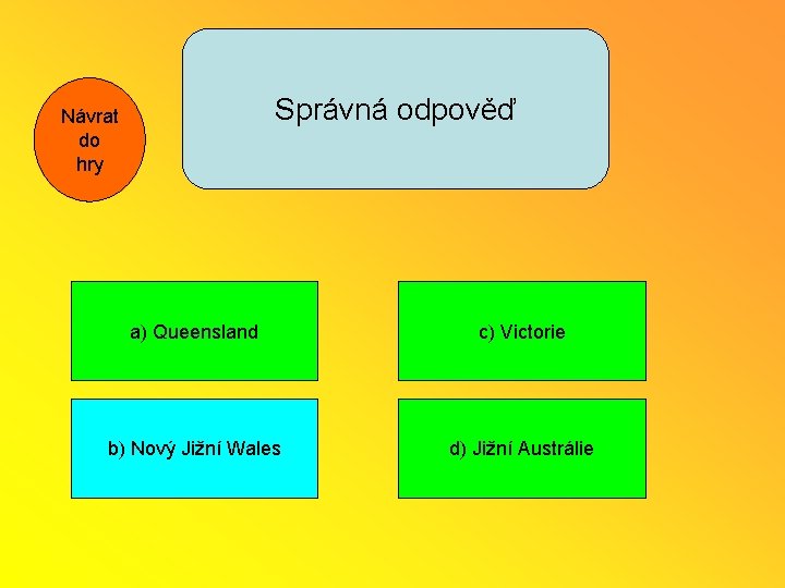 Správná odpověď Návrat do hry a) Queensland c) Victorie b) Nový Jižní Wales d)