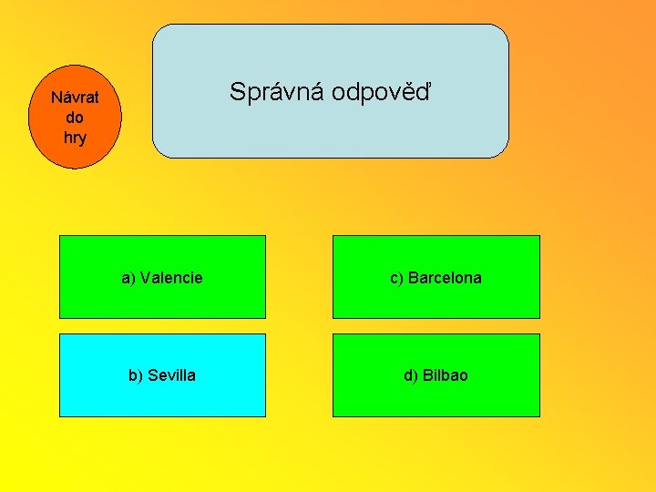 Správná odpověď Návrat do hry a) Valencie c) Barcelona b) Sevilla d) Bilbao 