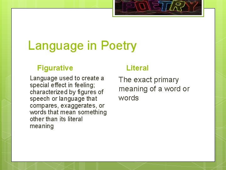 Language in Poetry Figurative Language used to create a special effect in feeling; characterized