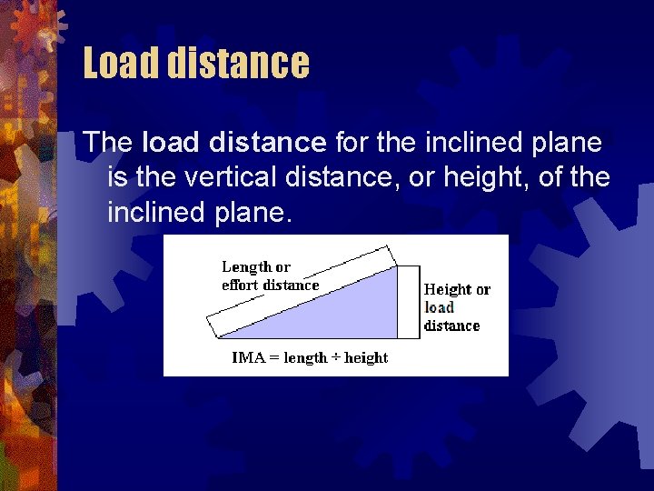Load distance The load distance for the inclined plane is the vertical distance, or