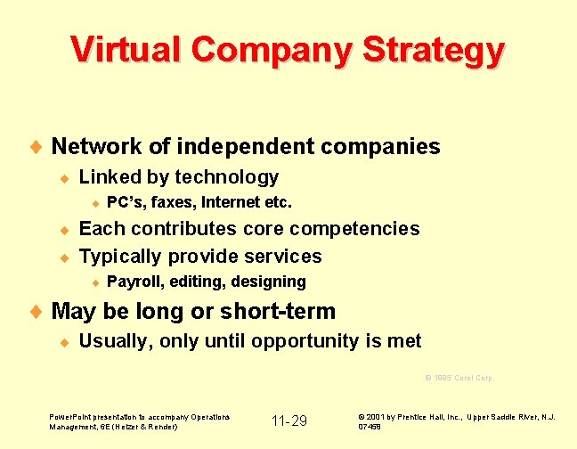 Virtual Company Strategy ¨ Network of independent companies ¨ Linked by technology ¨ PC’s,