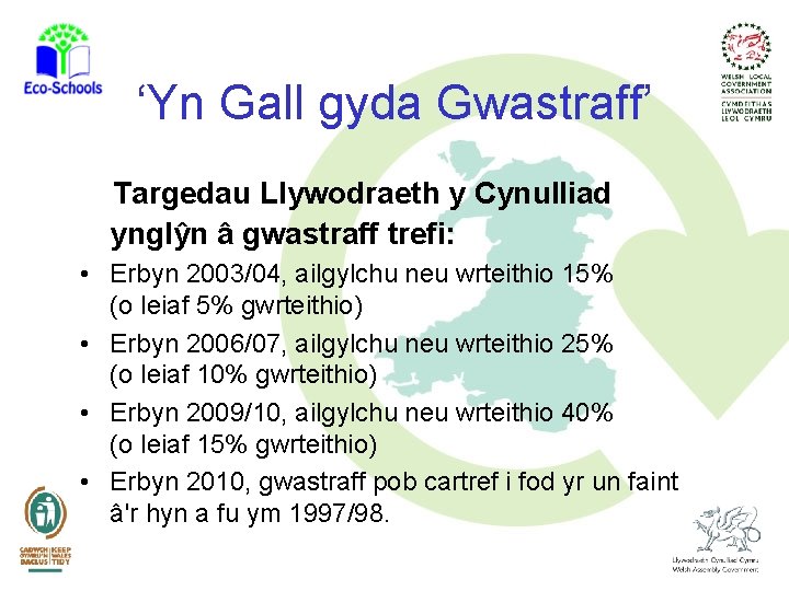 ‘Yn Gall gyda Gwastraff’ Targedau Llywodraeth y Cynulliad ynglŷn â gwastraff trefi: • Erbyn