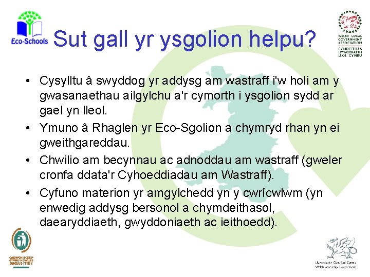 Sut gall yr ysgolion helpu? • Cysylltu â swyddog yr addysg am wastraff i'w