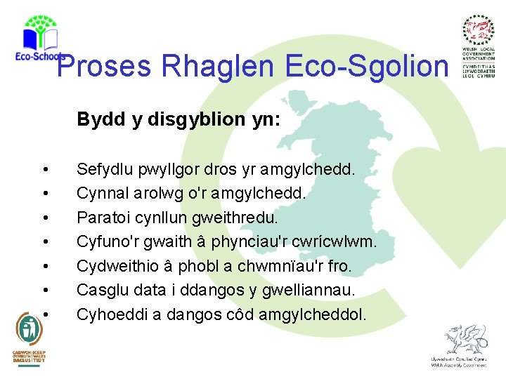 Proses Rhaglen Eco-Sgolion Bydd y disgyblion yn: • • Sefydlu pwyllgor dros yr amgylchedd.