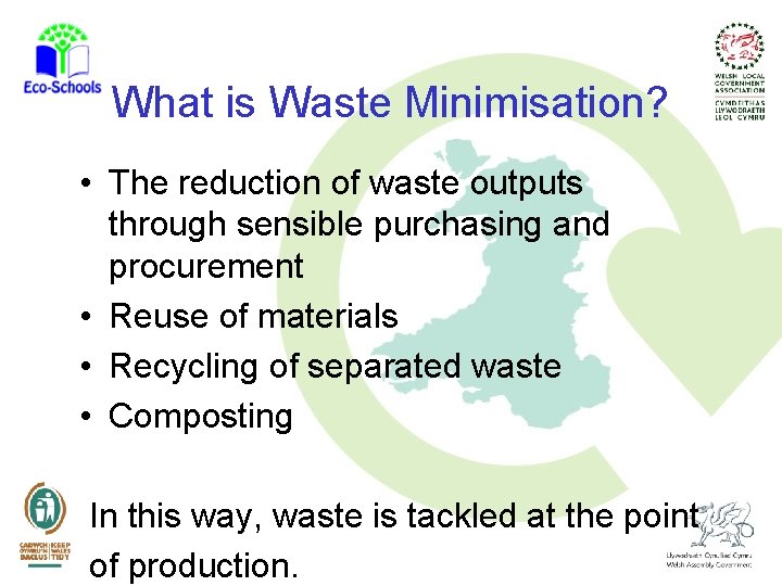 What is Waste Minimisation? • The reduction of waste outputs through sensible purchasing and