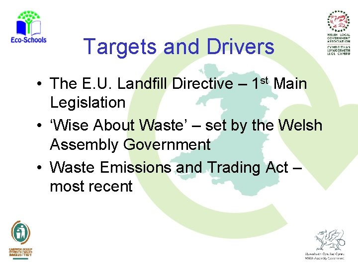 Targets and Drivers • The E. U. Landfill Directive – 1 st Main Legislation