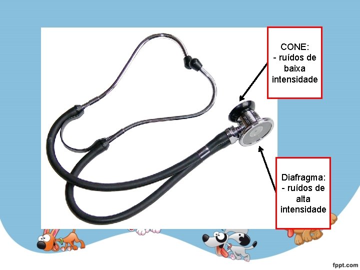 CONE: - ruídos de baixa intensidade Diafragma: - ruídos de alta intensidade CONE: - ruídos de baixa intensidade Diafragma: - ruídos de alta intensidade