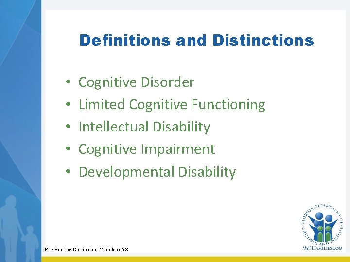 Definitions and Distinctions • • • Cognitive Disorder Limited Cognitive Functioning Intellectual Disability Cognitive