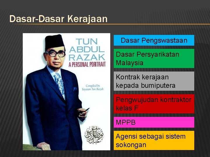 Dasar-Dasar Kerajaan Dasar Pengswastaan Dasar Persyarikatan Malaysia Kontrak kerajaan kepada bumiputera Pengwujudan kontraktor kelas