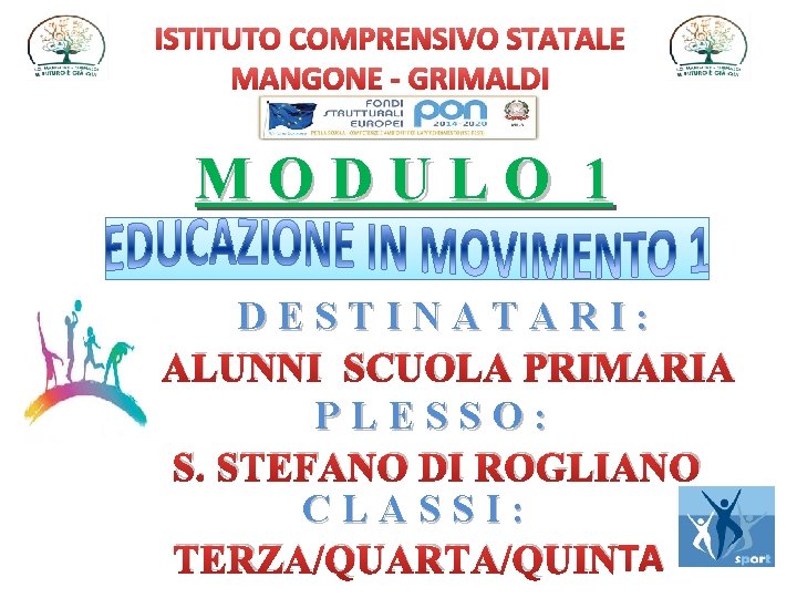 ISTITUTO COMPRENSIVO STATALE MANGONE - GRIMALDI MODULO 1 DESTINATARI: ALUNNI SCUOLA PRIMARIA PLESSO: S.