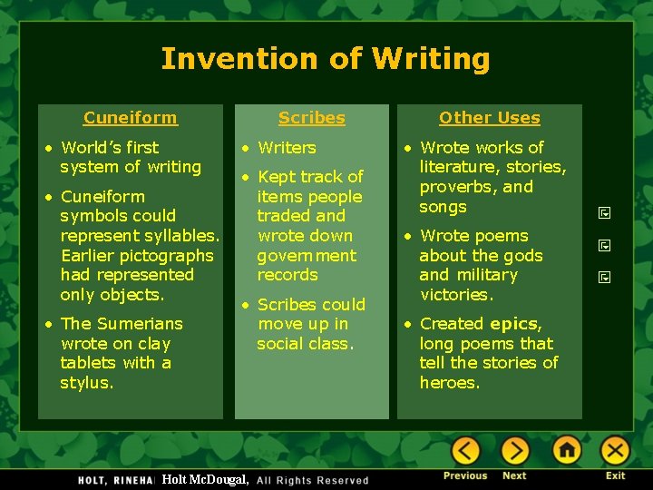 Invention of Writing Cuneiform • World’s first system of writing • Cuneiform symbols could