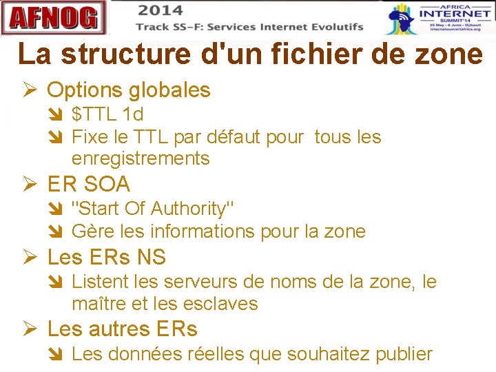 La structure d'un fichier de zone Options globales $TTL 1 d Fixe le TTL