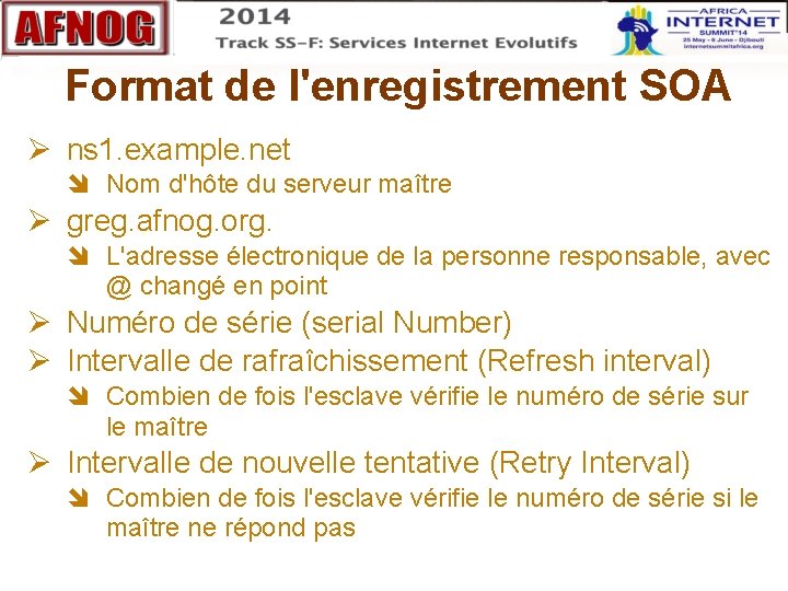 Format de l'enregistrement SOA ns 1. example. net Nom d'hôte du serveur maître greg.