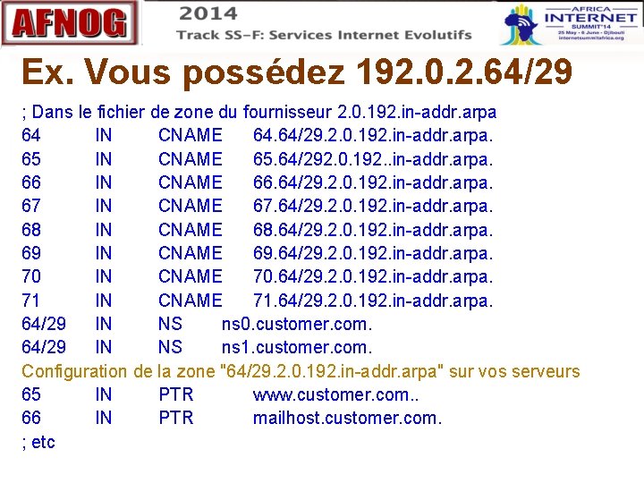 Ex. Vous possédez 192. 0. 2. 64/29 ; Dans le fichier de zone du