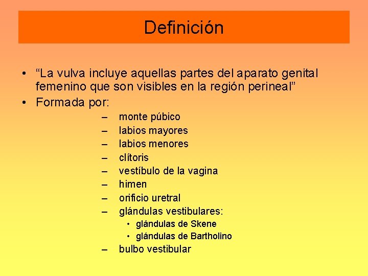 Definición • “La vulva incluye aquellas partes del aparato genital femenino que son visibles