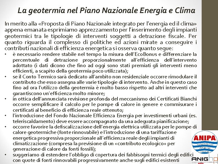 La geotermia nel Piano Nazionale Energia e Clima In merito alla «Proposta di Piano