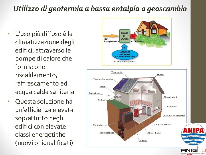 Utilizzo di geotermia a bassa entalpia o geoscambio • L’uso più diffuso è la