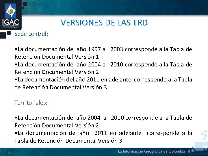VERSIONES DE LAS TRD Sede central: • La documentación del año 1997 al 2003