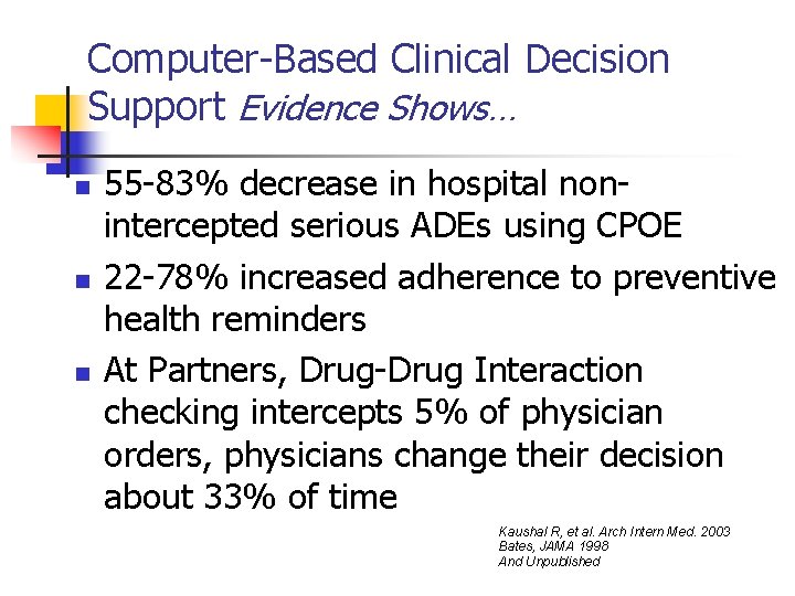 Computer-Based Clinical Decision Support Evidence Shows… n n n 55 -83% decrease in hospital