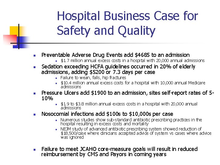 Hospital Business Case for Safety and Quality n Preventable Adverse Drug Events add $4685