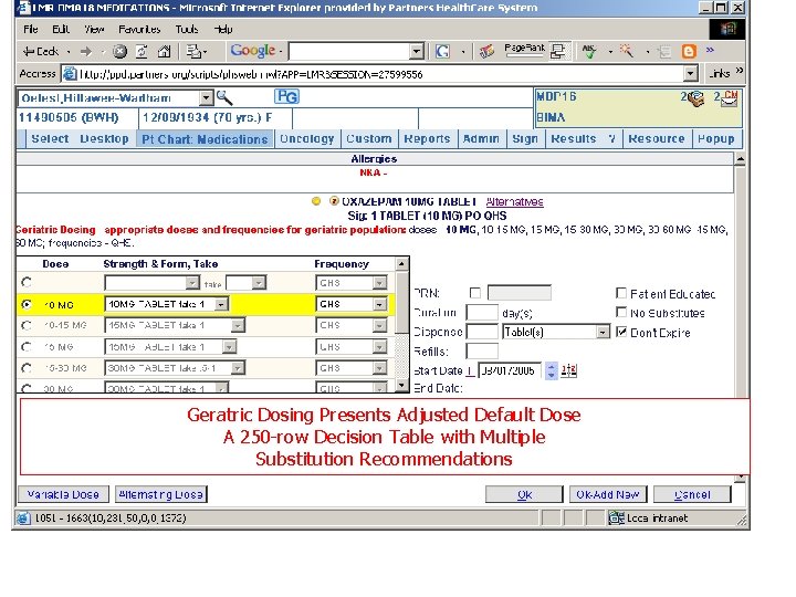 Geratric Dosing Presents Adjusted Default Dose A 250 -row Decision Table with Multiple Substitution