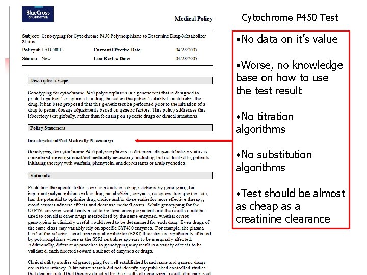 Cytochrome P 450 Test • No data on it’s value • Worse, no knowledge