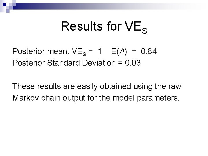Results for VES Posterior mean: VES = 1 – E(A) = 0. 84 Posterior