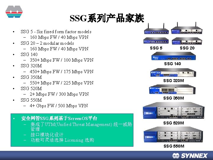 SSG系列产品家族 • • SSG 5 - Six fixed form factor models – 160 Mbps