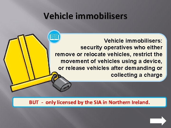 Vehicle immobilisers: security operatives who either remove or relocate vehicles, restrict the movement of