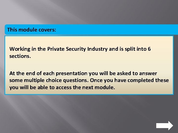 This module covers: Working in the Private Security Industry and is split into 6