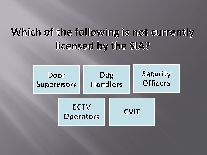 Which of the following is not currently licensed by the SIA? Door Supervisors Security