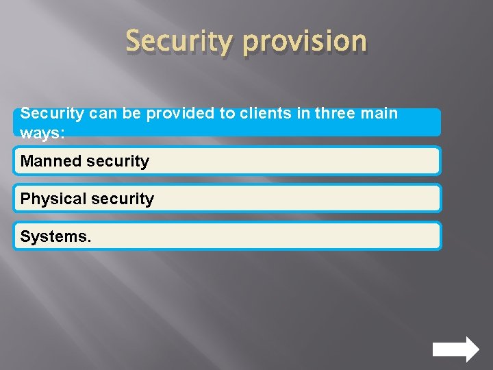 Security provision Security can be provided to clients in three main ways: Manned security