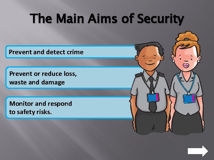 The Main Aims of Security Prevent and detect crime Prevent or reduce loss, waste