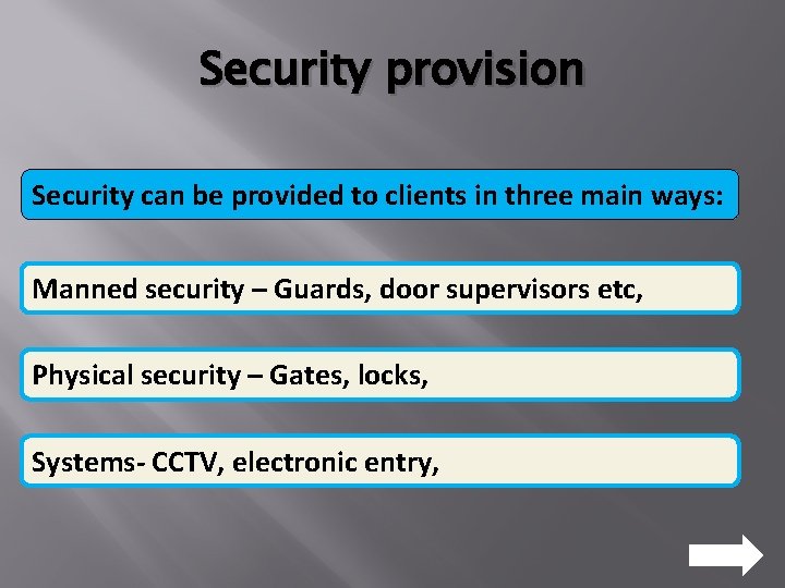 Security provision Security can be provided to clients in three main ways: Manned security