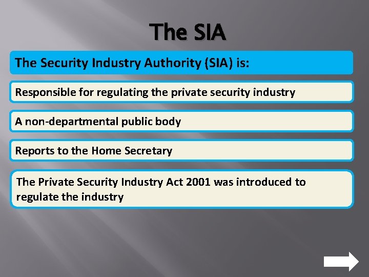 The SIA The Security Industry Authority (SIA) is: Responsible for regulating the private security