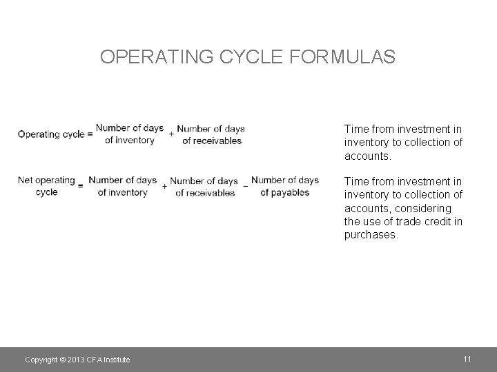 OPERATING CYCLE FORMULAS Time from investment in inventory to collection of accounts, considering the