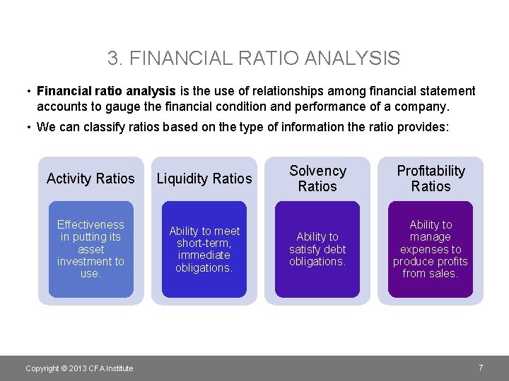 3. FINANCIAL RATIO ANALYSIS • Financial ratio analysis is the use of relationships among