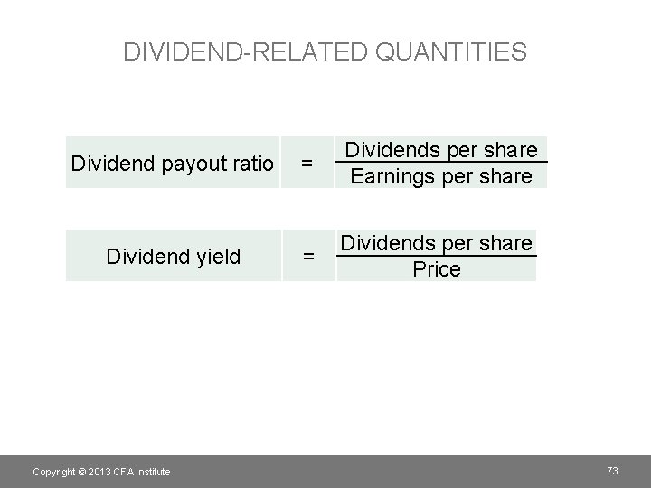 DIVIDEND-RELATED QUANTITIES Dividend payout ratio = Dividends per share Earnings per share Dividend yield