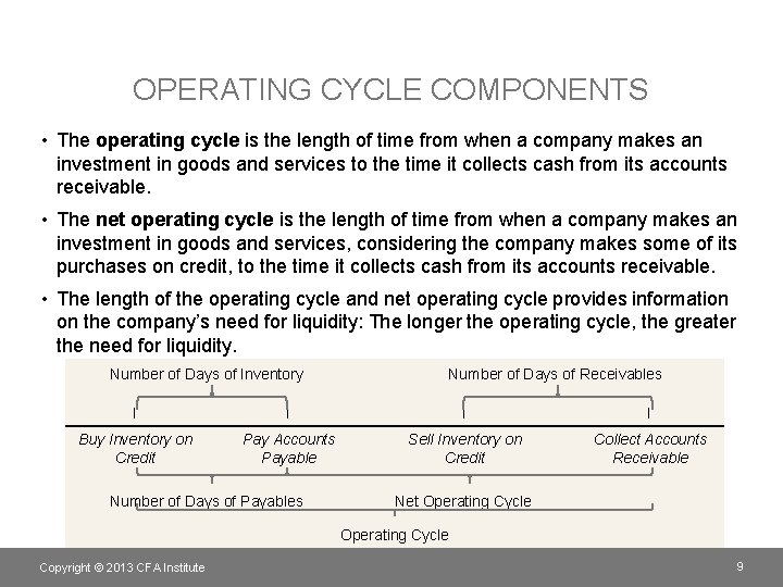 OPERATING CYCLE COMPONENTS • The operating cycle is the length of time from when