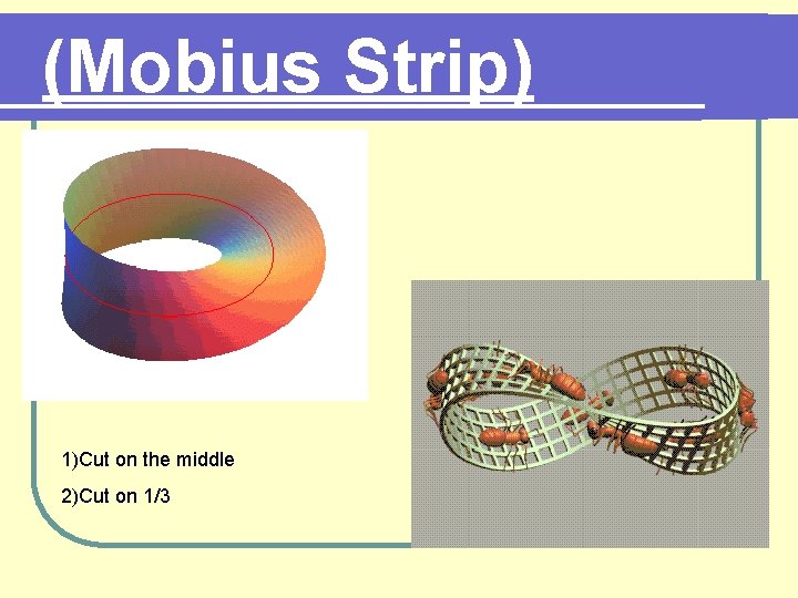 (Mobius Strip) 1)Cut on the middle 2)Cut on 1/3 