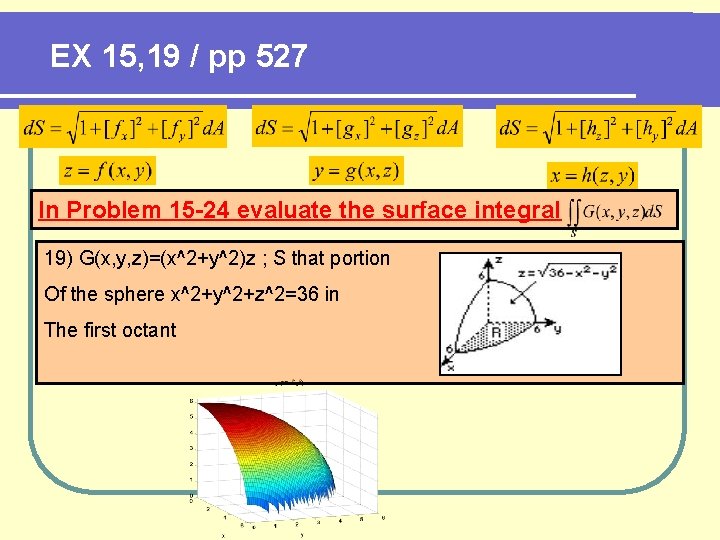 EX 15, 19 / pp 527 In Problem 15 -24 evaluate the surface integral