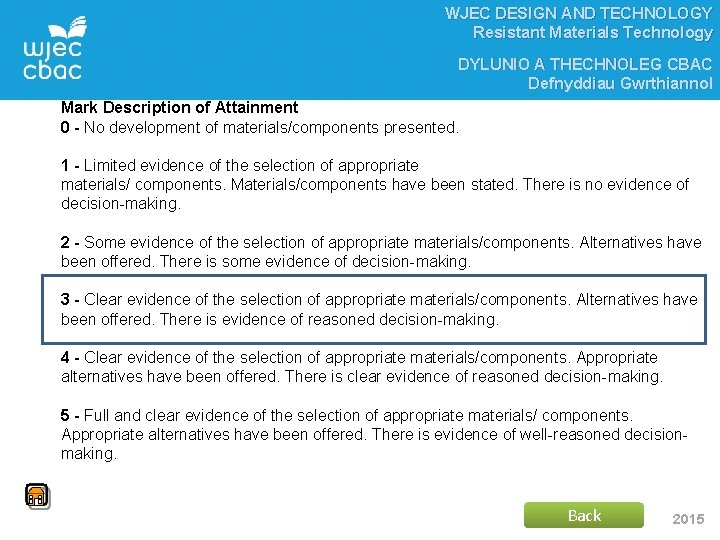 WJEC DESIGN AND TECHNOLOGY Resistant Materials Technology DYLUNIO A THECHNOLEG CBAC Defnyddiau Gwrthiannol Mark