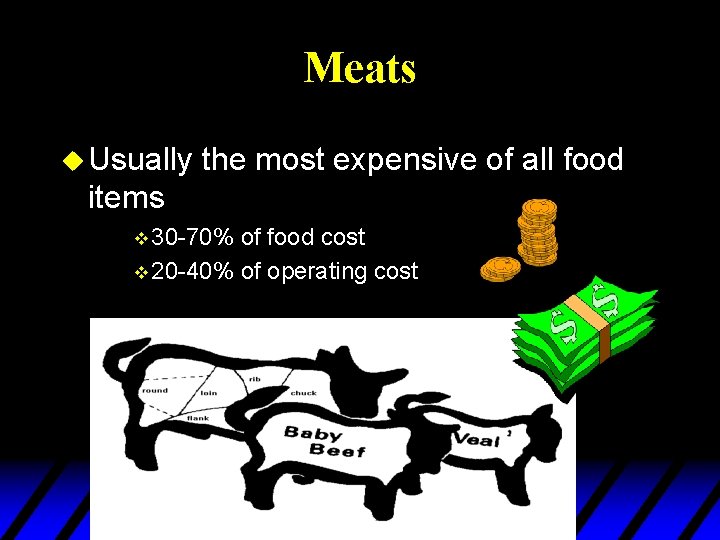 Meats u Usually the most expensive of all food items v 30 -70% of