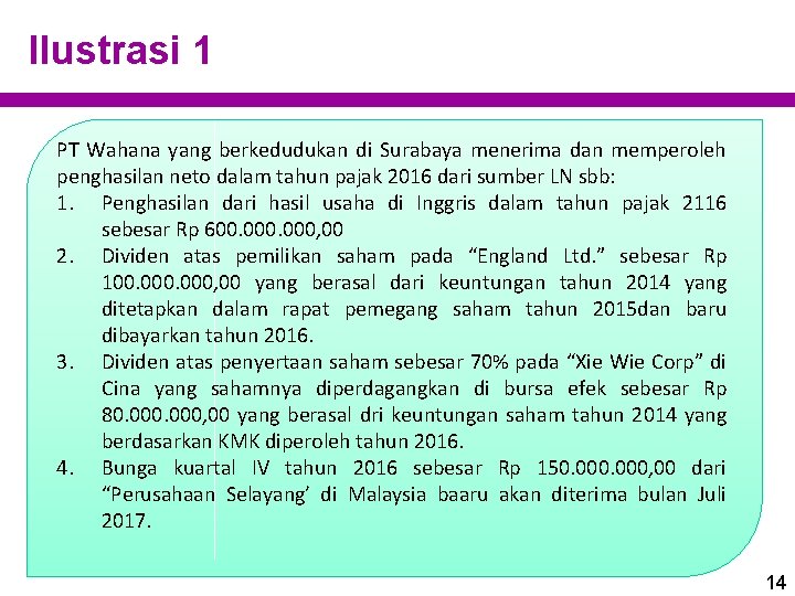 Ilustrasi 1 PT Wahana yang berkedudukan di Surabaya menerima dan memperoleh penghasilan neto dalam
