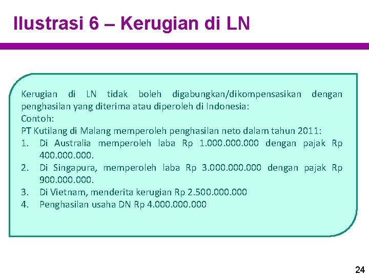 Ilustrasi 6 – Kerugian di LN tidak boleh digabungkan/dikompensasikan dengan penghasilan yang diterima atau