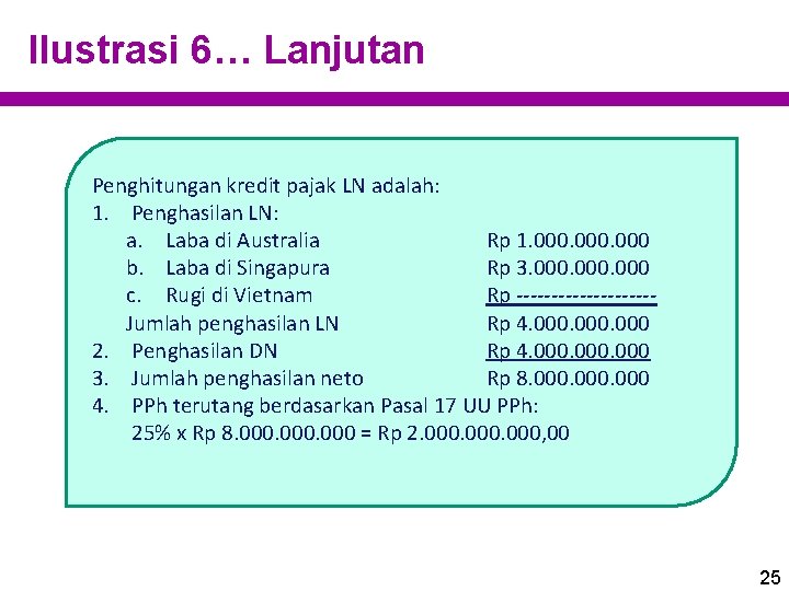 Ilustrasi 6… Lanjutan Penghitungan kredit pajak LN adalah: 1. Penghasilan LN: a. Laba di