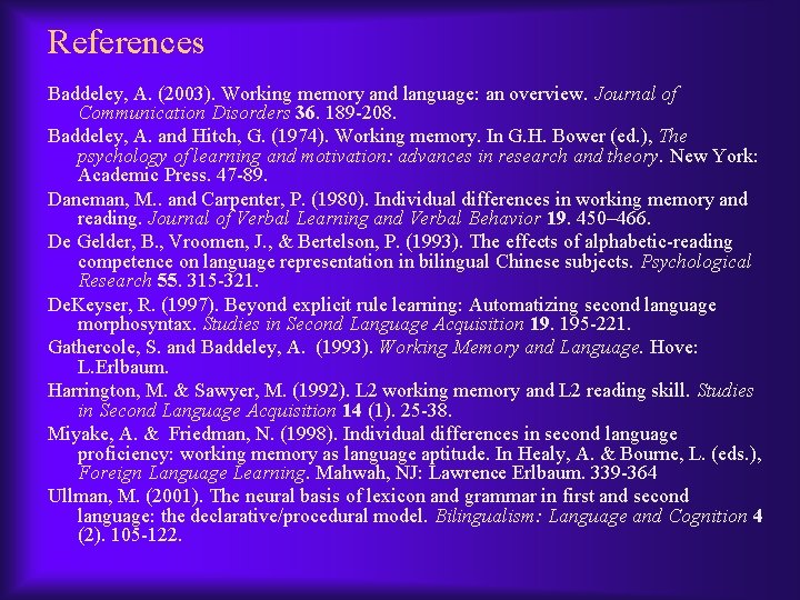 References Baddeley, A. (2003). Working memory and language: an overview. Journal of Communication Disorders References Baddeley, A. (2003). Working memory and language: an overview. Journal of Communication Disorders